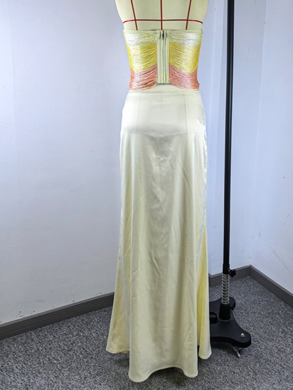 Ombre Fringe Strapless Satin Maxi Dress Yellow Peach Formal Gown - Picture 6 of 6